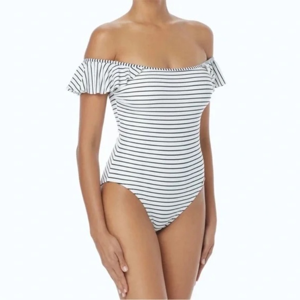 VINCE CAMUTO Ruffle Sleeves Black & White Zebra Stripe One Piece Swimsuit - Picture 6 of 11